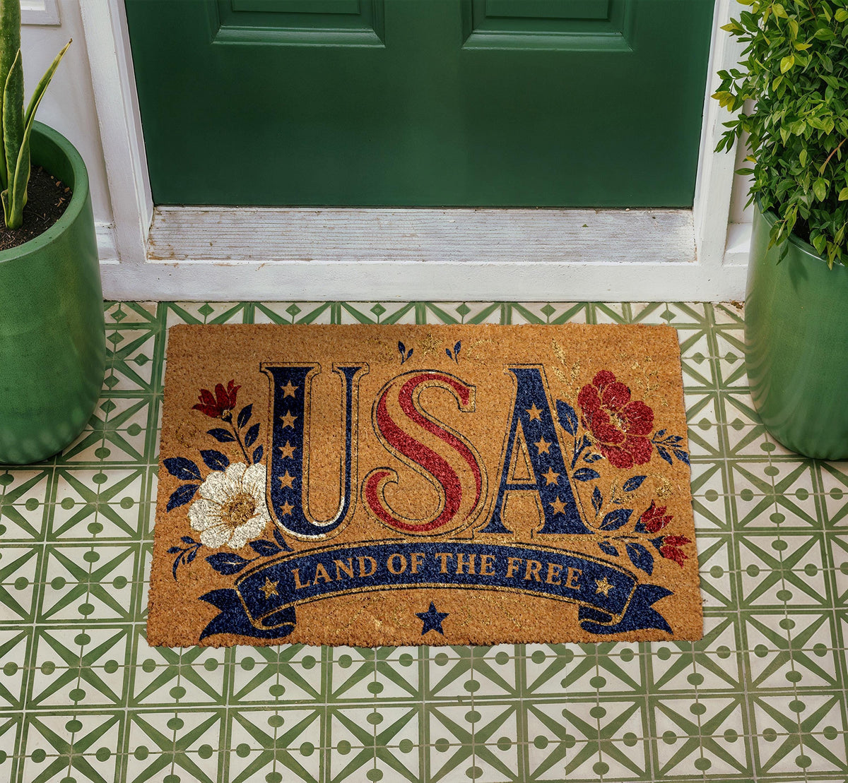USA Land of the Free Doormat, Patriotic Floral Entryway Rug, Natural Coir Home Decor