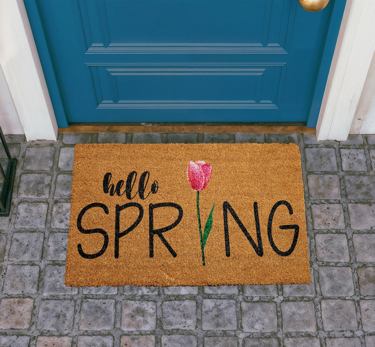 Personalized Coir Doormat, Hello Spring Tulip Design, Outdoor Welcome Mat (18"x30")
