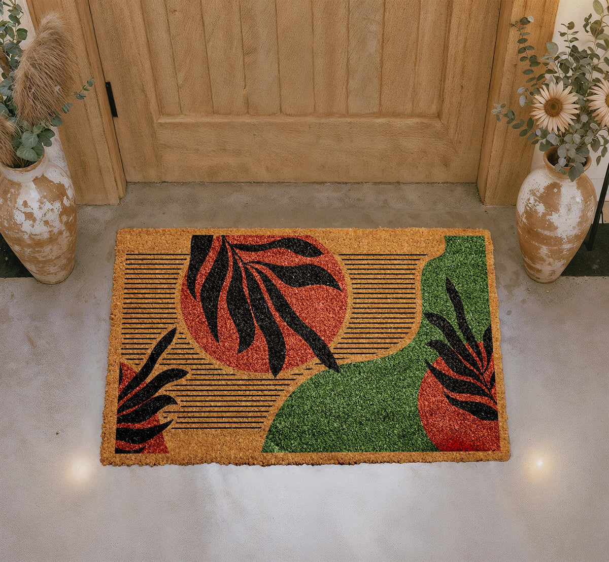 Natural Coir Doormat, Tropical Leaf Abstract Design, Modern Entryway Rug