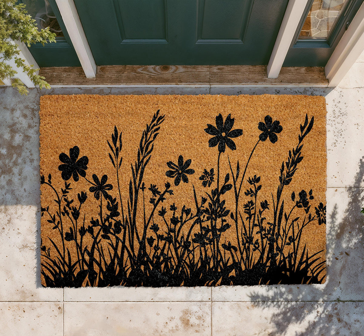 Personalized Coir Doormat, Floral Silhouette Outdoor Mat, Nature Inspired Front Door Mat