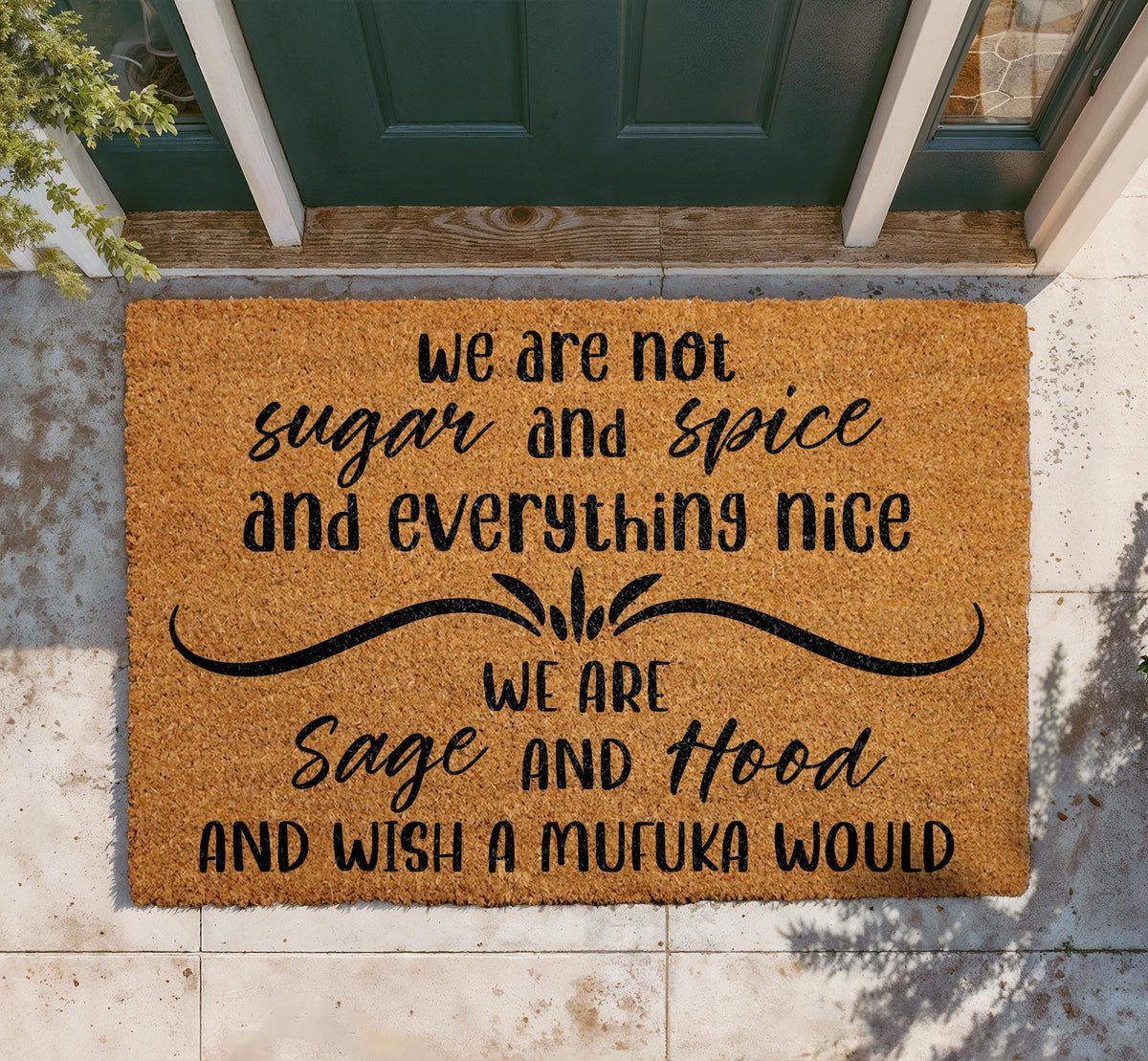 We Are Not Sugar And Spice Doormat, We Are Sage and Hood Welcome Mat, Funny Outdoor Entryway Rug, Sassy Quote Door Mat, Humorous Porch Decor