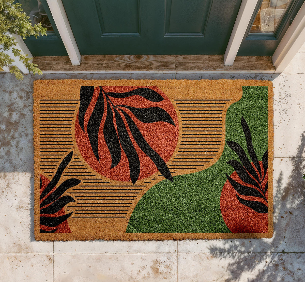 Natural Coir Doormat, Tropical Leaf Abstract Design, Modern Entryway Rug