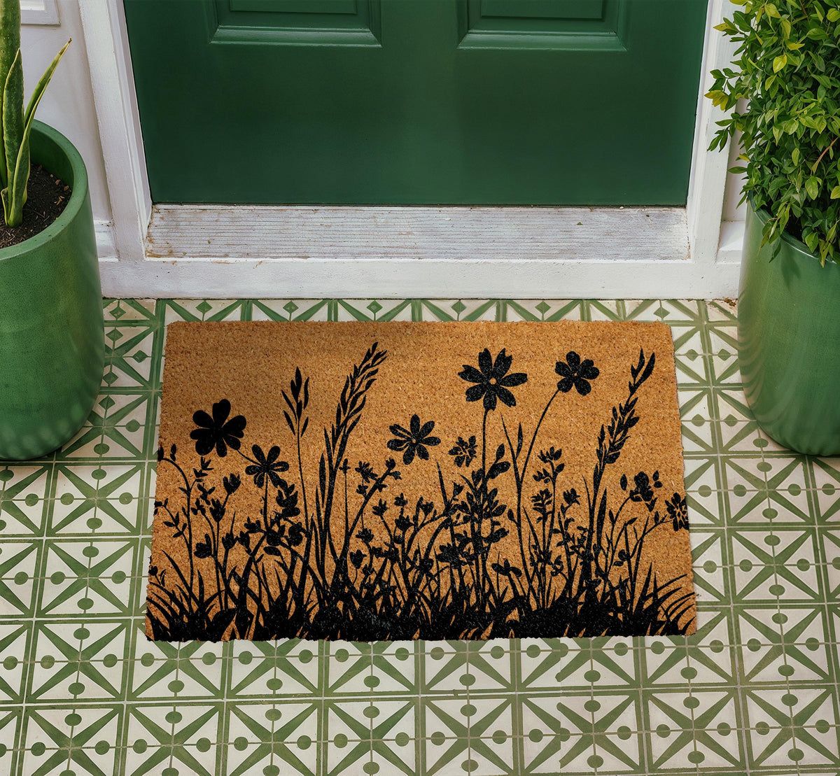 Personalized Coir Doormat, Floral Silhouette Outdoor Mat, Nature Inspired Front Door Mat