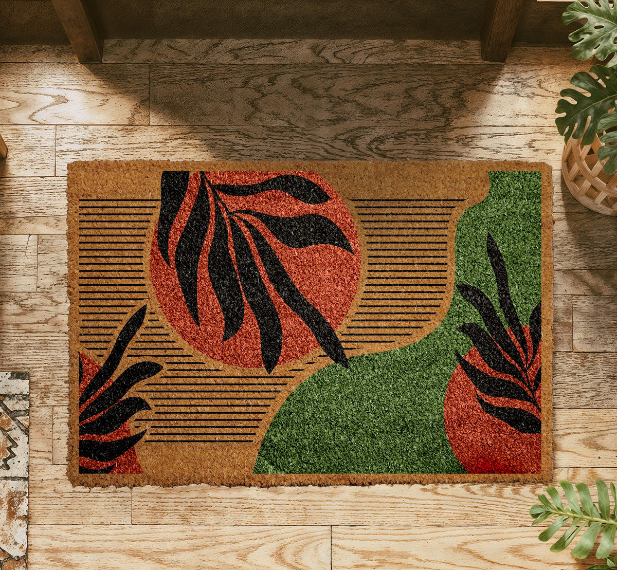 Natural Coir Doormat, Tropical Leaf Abstract Design, Modern Entryway Rug