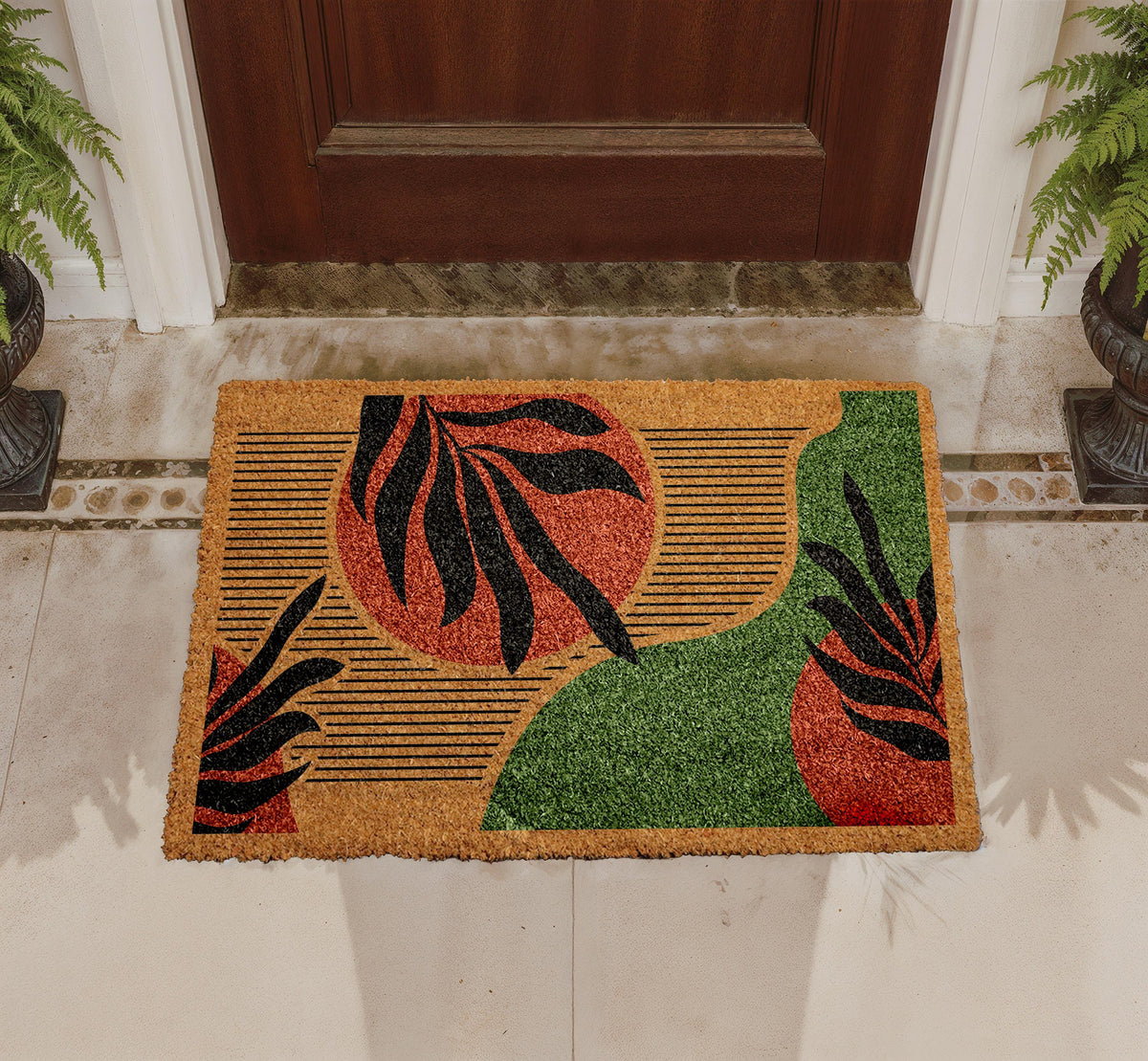 Natural Coir Doormat, Tropical Leaf Abstract Design, Modern Entryway Rug