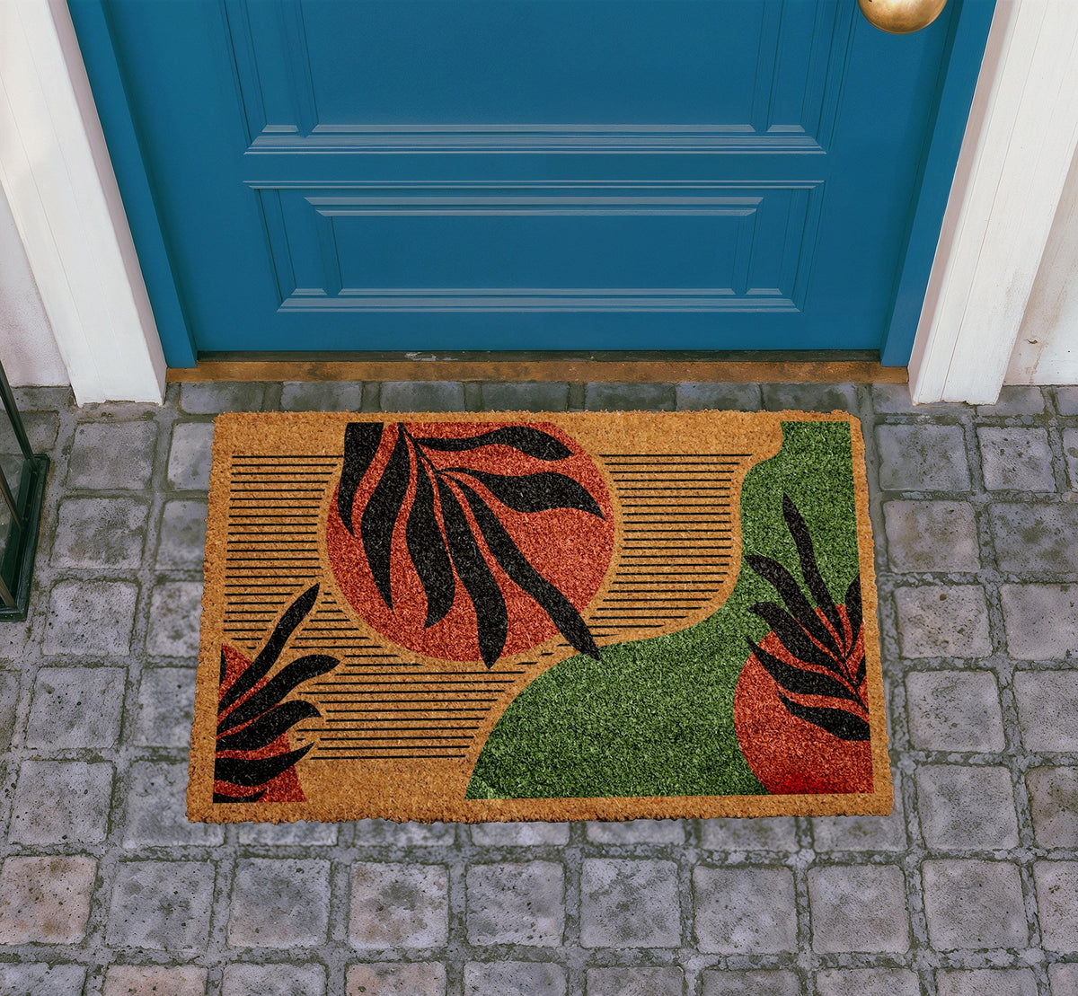 Natural Coir Doormat, Tropical Leaf Abstract Design, Modern Entryway Rug