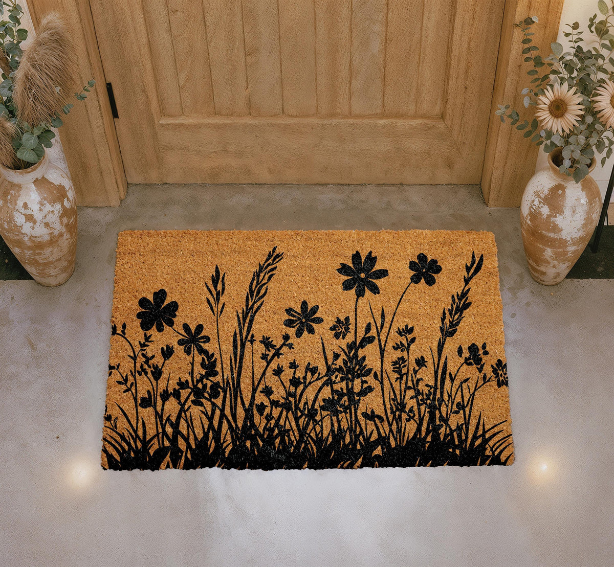 Personalized Coir Doormat, Floral Silhouette Outdoor Mat, Nature Inspired Front Door Mat
