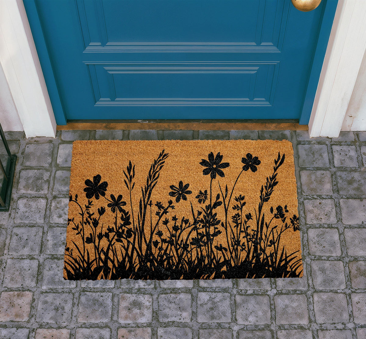 Personalized Coir Doormat, Floral Silhouette Outdoor Mat, Nature Inspired Front Door Mat