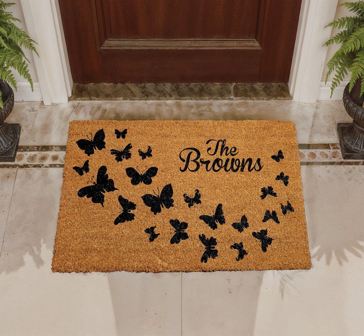 Personalized Butterfly Coir Doormat, Custom Family Name Welcome Mat