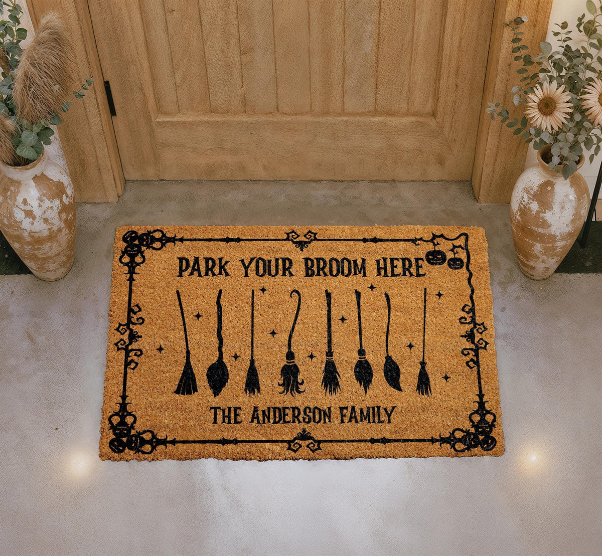 Personalized Witchy Doormat, Park Your Broom Here, Family Name Halloween Decor (Coir)
