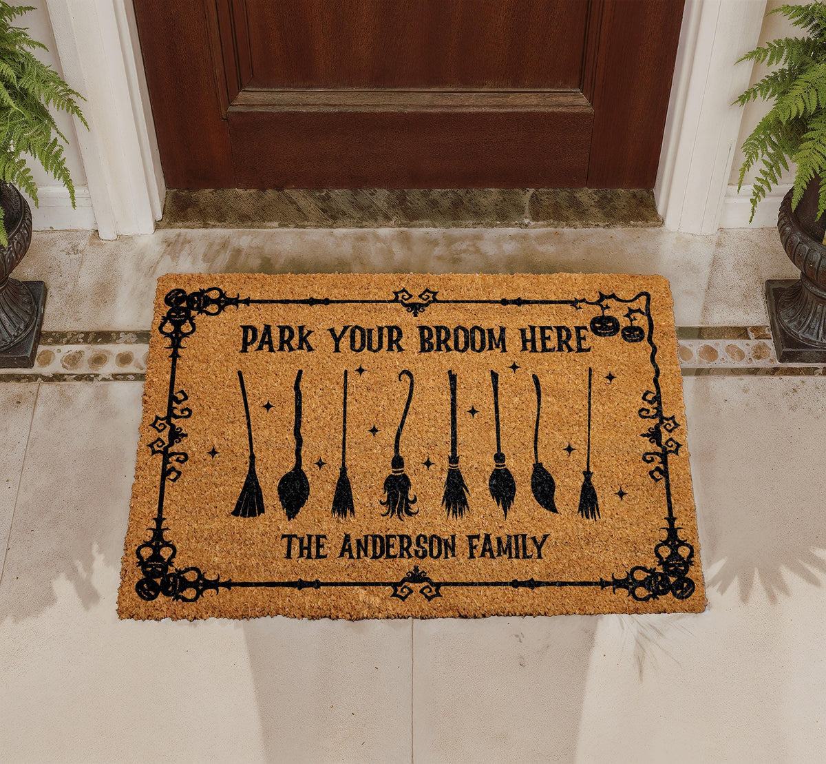 Personalized Witchy Doormat, Park Your Broom Here, Family Name Halloween Decor (Coir)