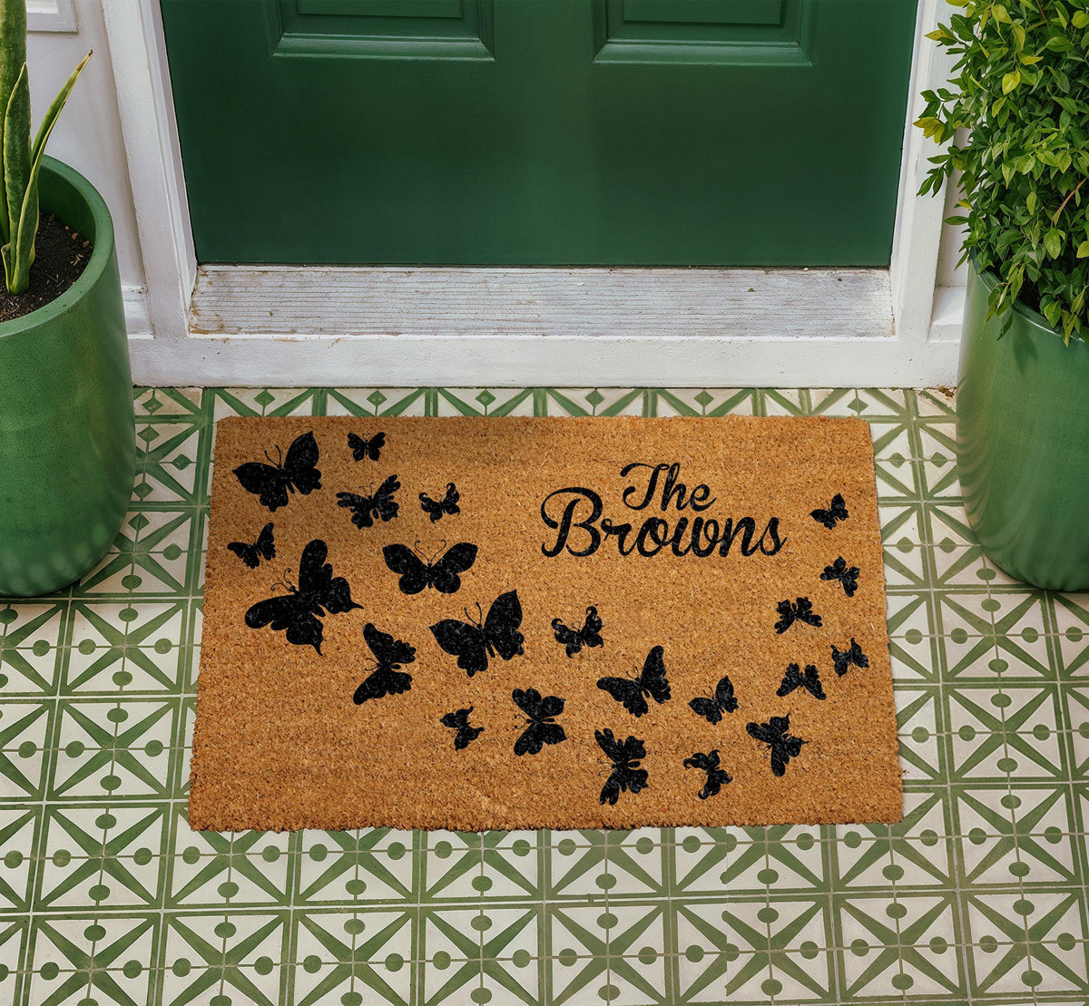 Personalized Butterfly Coir Doormat, Custom Family Name Welcome Mat