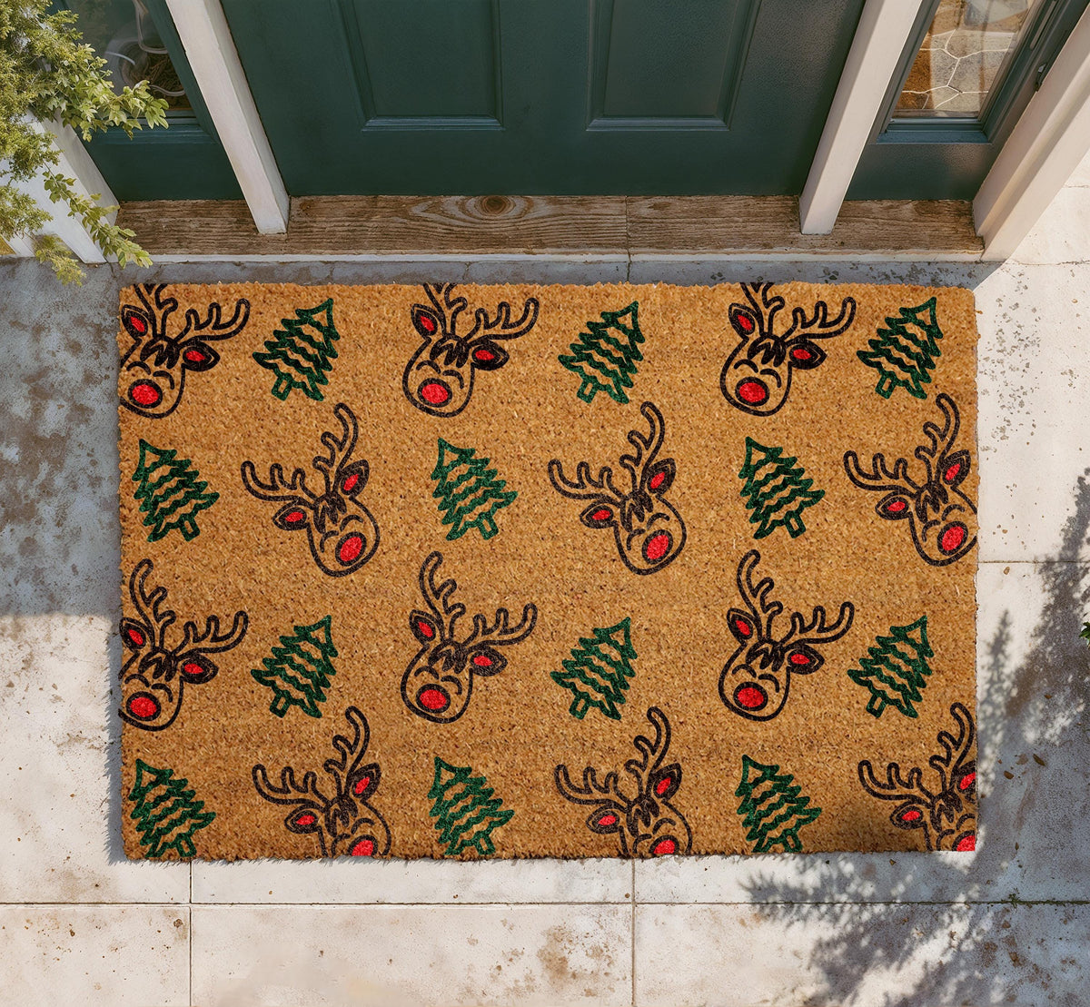 Personalized Coir Doormat, Reindeer Christmas Tree Welcome Mat, Holiday Porch Decor