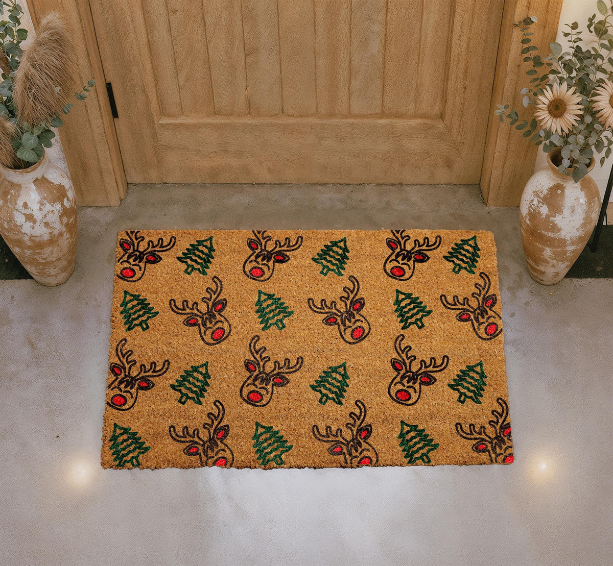Personalized Coir Doormat, Reindeer Christmas Tree Welcome Mat, Holiday Porch Decor