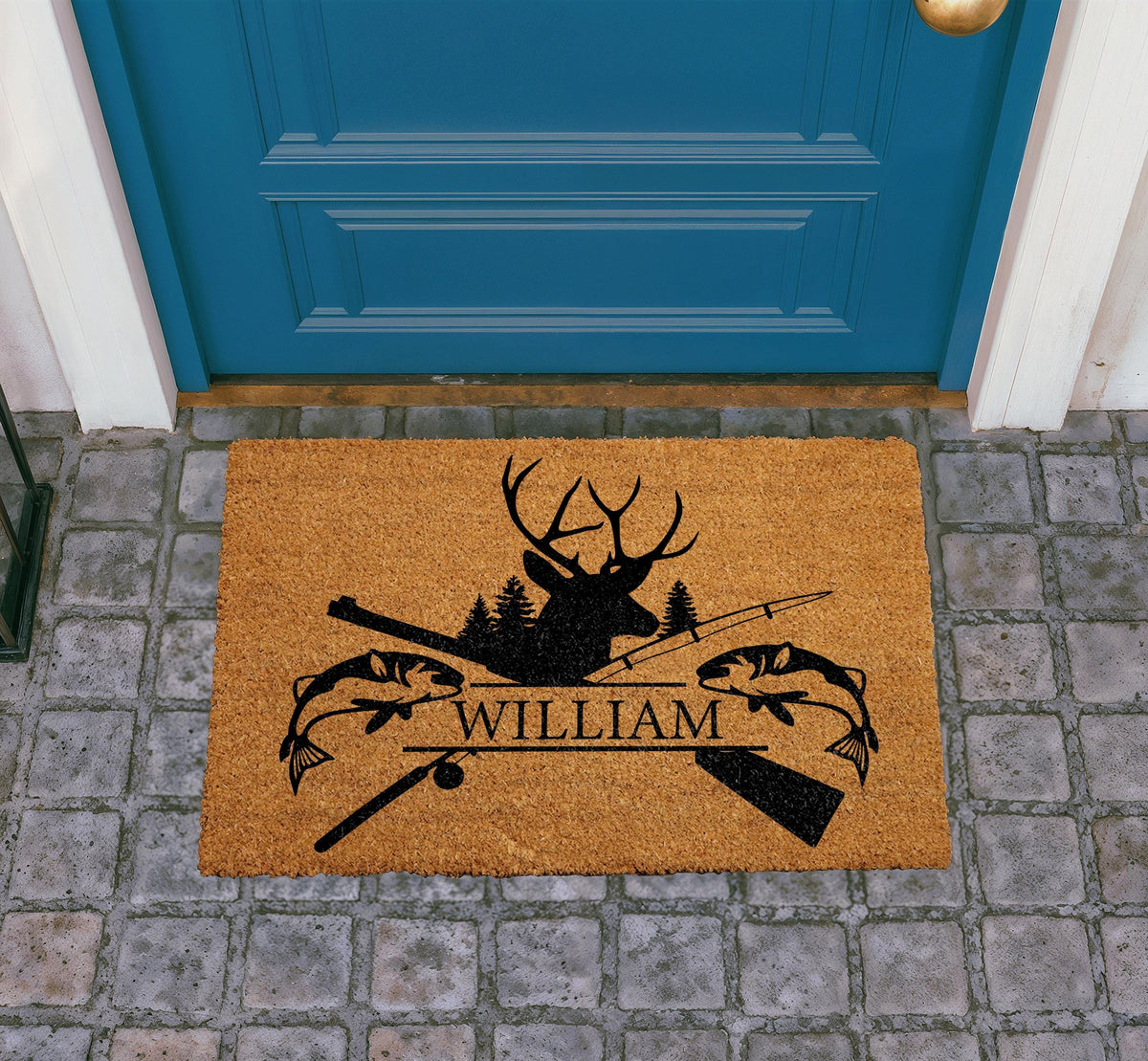 Custom Name Hunting Fishing Doormat, Deer Head Silhouette Welcome Mat (Coir)