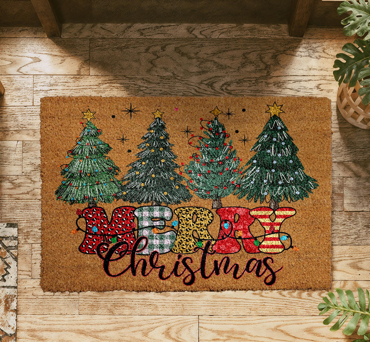 Merry Christmas Doormat, Festive Trees Welcome Mat, Seasonal Entryway Rug