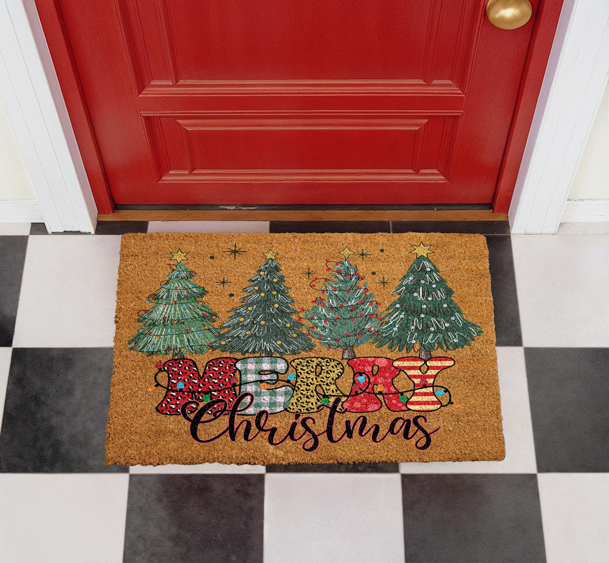 Merry Christmas Doormat, Festive Trees Welcome Mat, Seasonal Entryway Rug