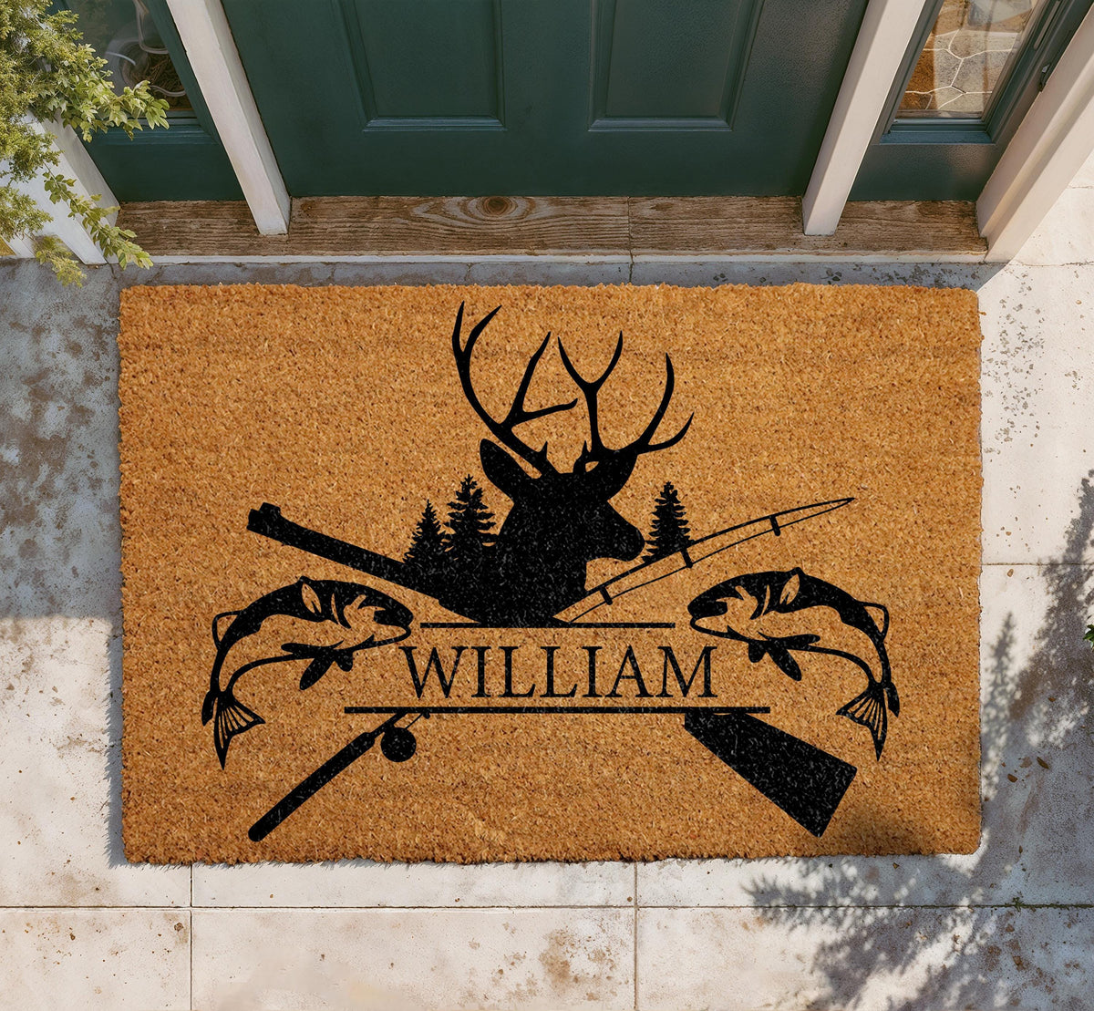Custom Name Hunting Fishing Doormat, Deer Head Silhouette Welcome Mat (Coir)