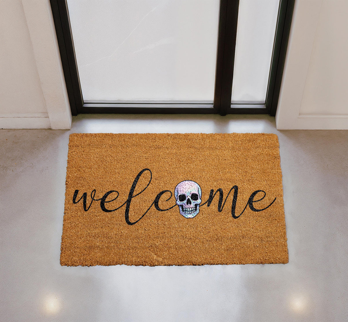 Iridescent Skull Welcome Mat, Natural Coir Outdoor Rug, Halloween Porch Decor