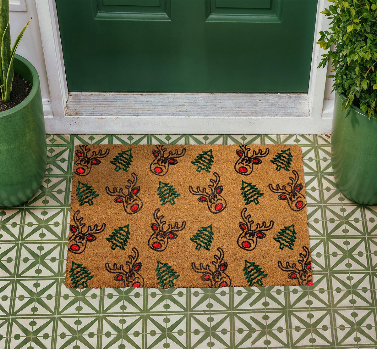 Personalized Coir Doormat, Reindeer Christmas Tree Welcome Mat, Holiday Porch Decor