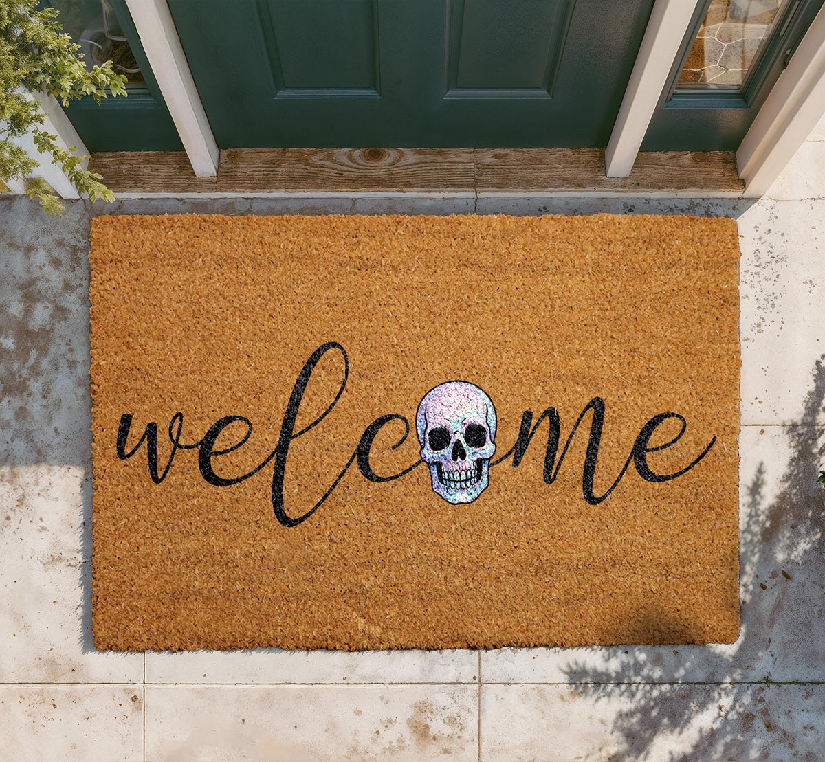 Iridescent Skull Welcome Mat, Natural Coir Outdoor Rug, Halloween Porch Decor