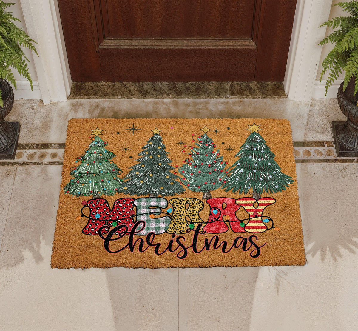 Merry Christmas Doormat, Festive Trees Welcome Mat, Seasonal Entryway Rug