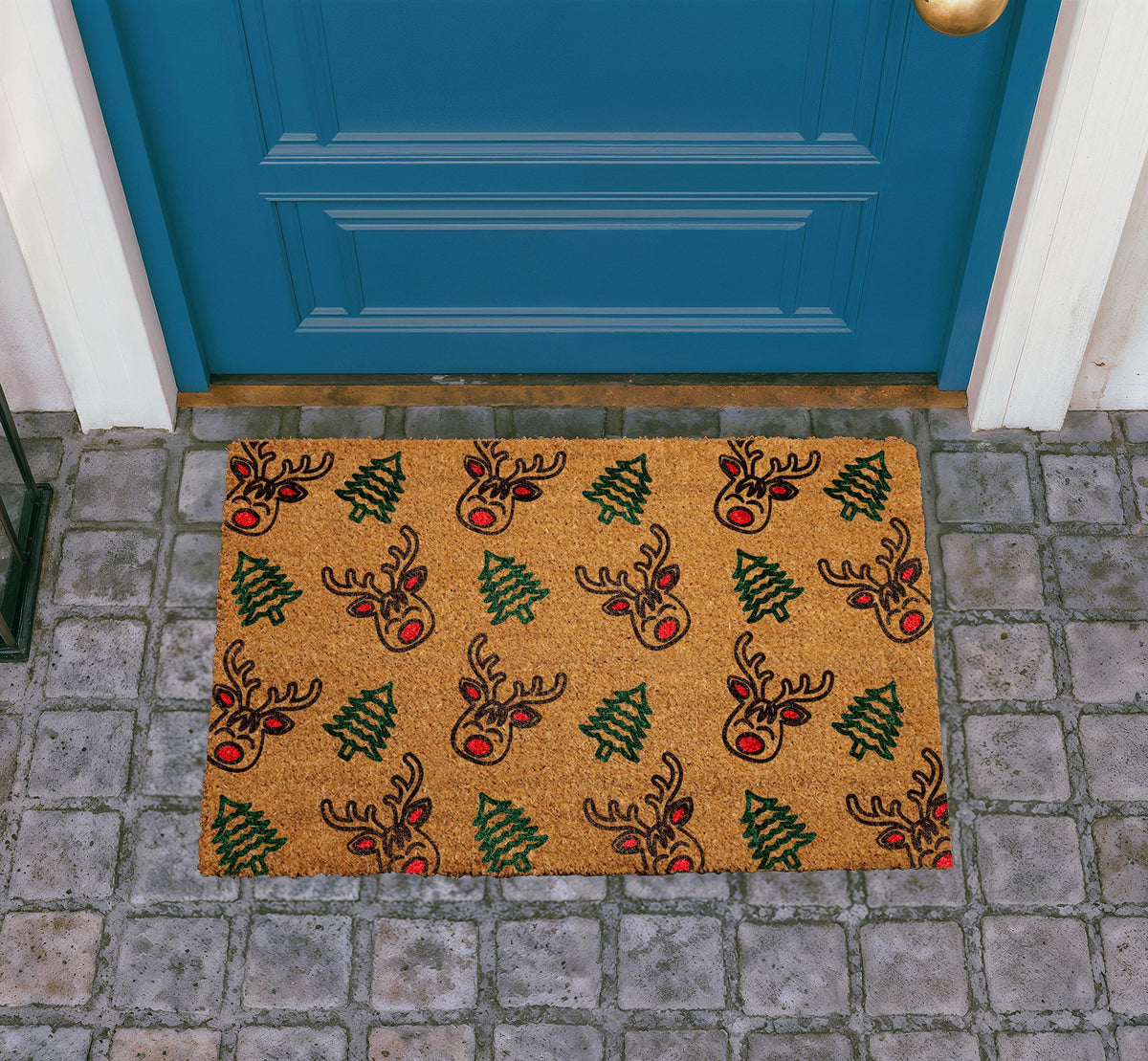 Personalized Coir Doormat, Reindeer Christmas Tree Welcome Mat, Holiday Porch Decor