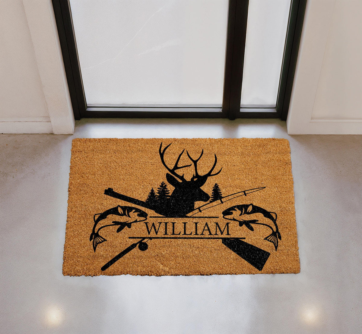 Custom Name Hunting Fishing Doormat, Deer Head Silhouette Welcome Mat (Coir)