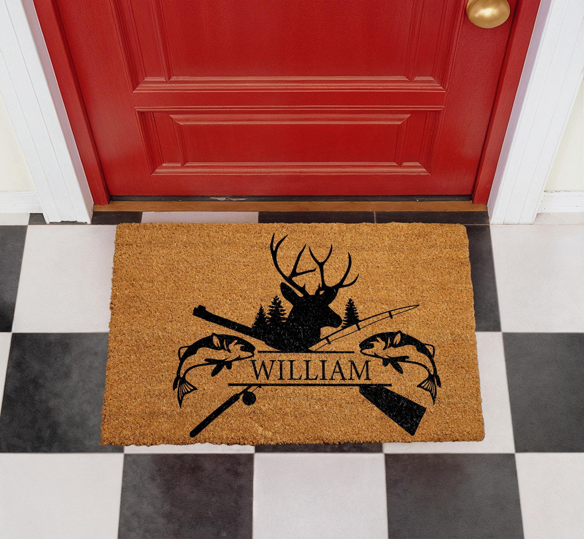 Custom Name Hunting Fishing Doormat, Deer Head Silhouette Welcome Mat (Coir)