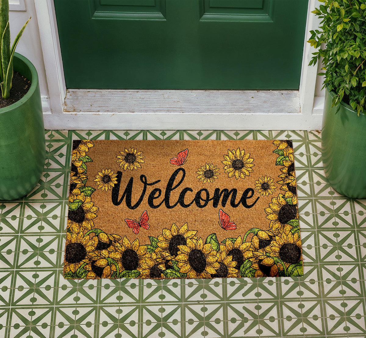 Sunflower Butterfly Doormat, Natural Coir Farmhouse Porch Rug