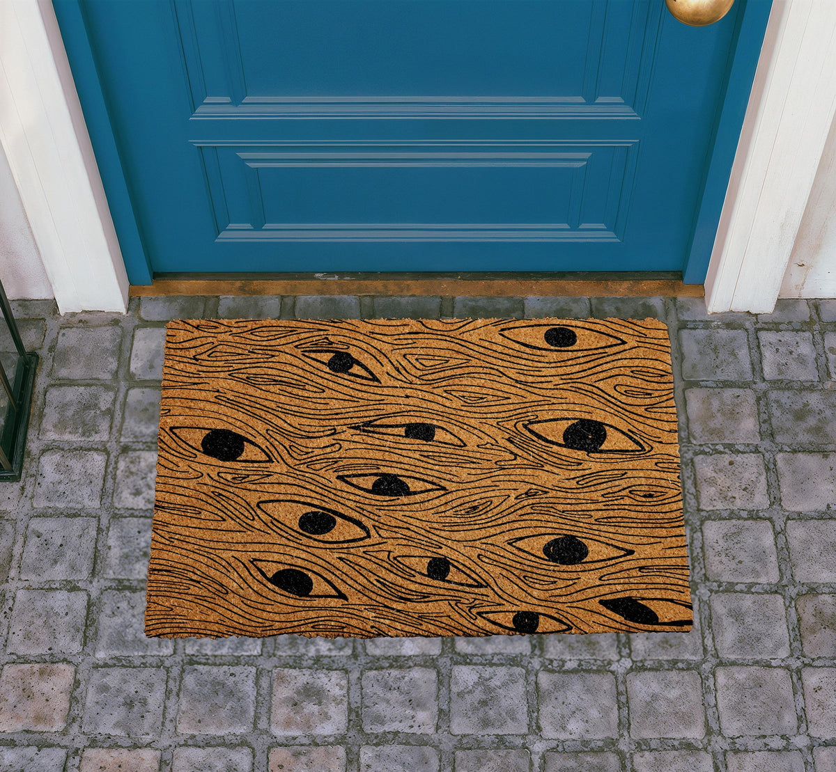 Abstract Eyes Doormat, Natural Coir Welcome Mat, Mystical Boho Porch Rug