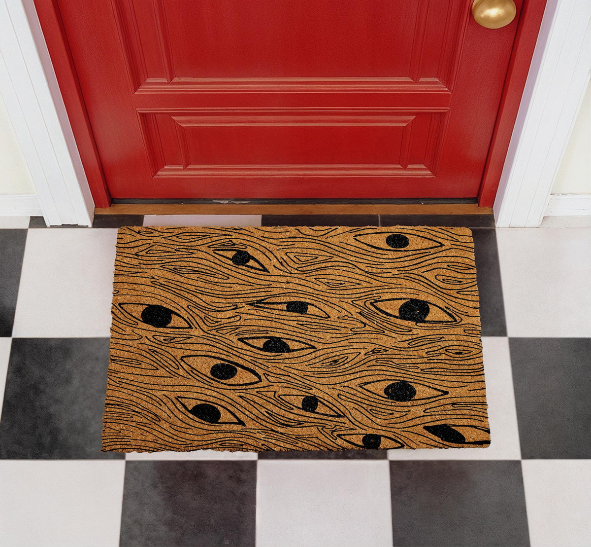 Abstract Eyes Doormat, Natural Coir Welcome Mat, Mystical Boho Porch Rug