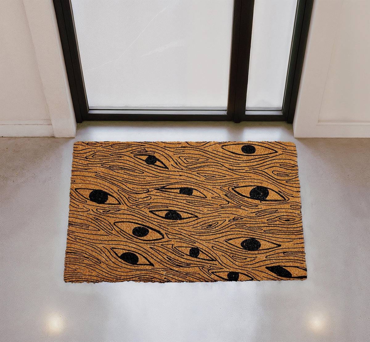 Abstract Eyes Doormat, Natural Coir Welcome Mat, Mystical Boho Porch Rug