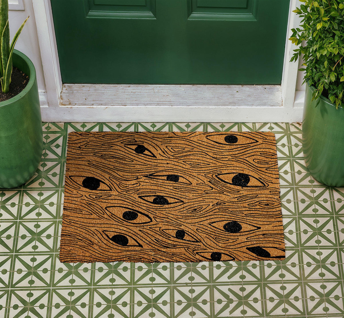 Abstract Eyes Doormat, Natural Coir Welcome Mat, Mystical Boho Porch Rug