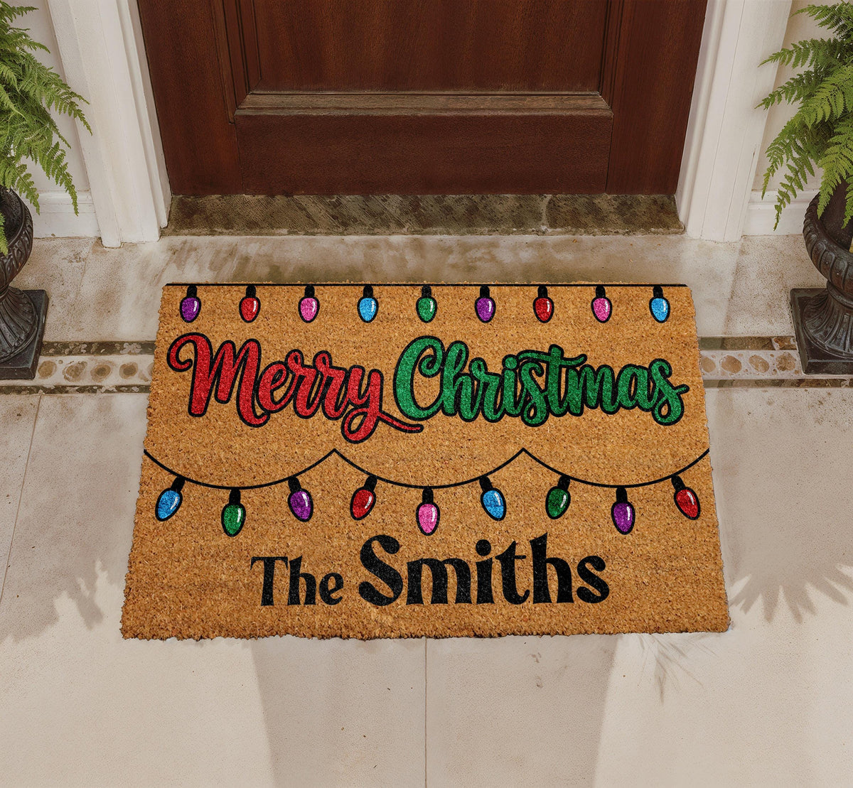 Personalized Christmas Doormat, Custom Family Name Welcome Mat, Coir Outdoor Rug