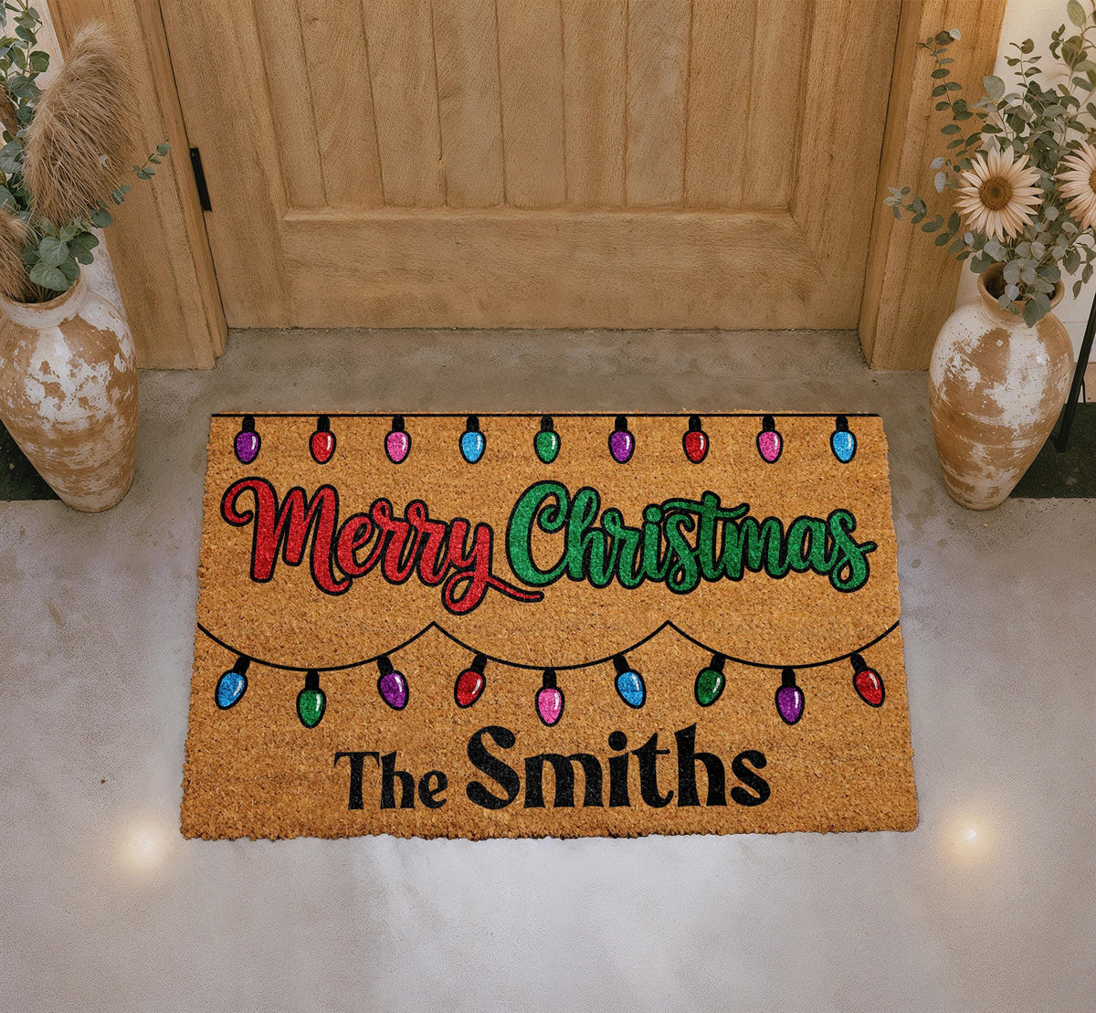 Personalized Christmas Doormat, Custom Family Name Welcome Mat, Coir Outdoor Rug