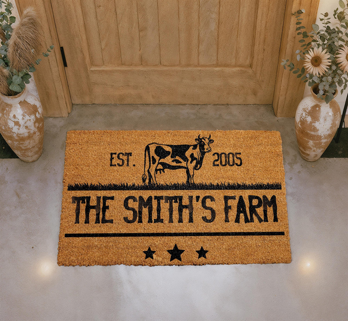 Personalized Farmhouse Doormat, Custom Cow Welcome Mat, Rustic Farmhouse Decor