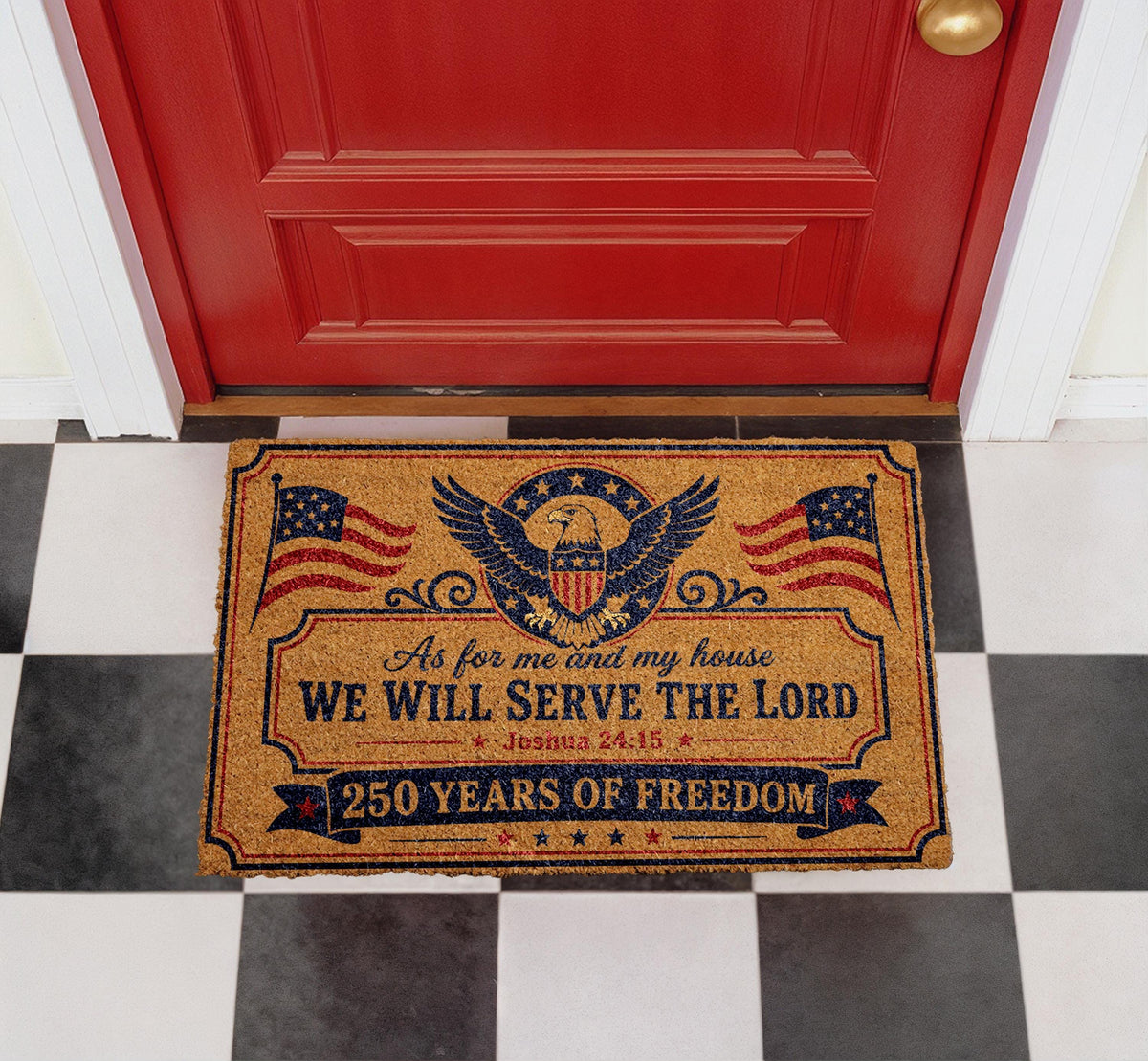 Christian Eagle Doormat, "We Will Serve The Lord", Patriotic Welcome Rug