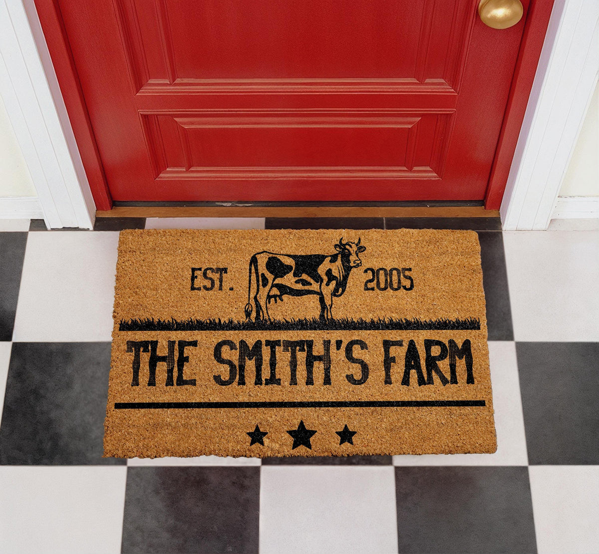 Personalized Farmhouse Doormat, Custom Cow Welcome Mat, Rustic Farmhouse Decor