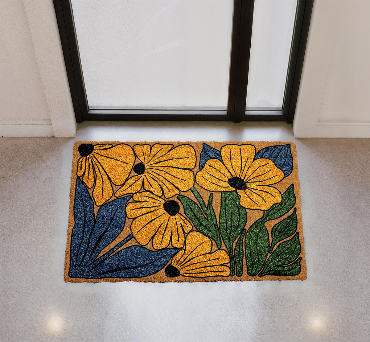 Natural Coir Doormat, Colorful Floral Design, Botanical Welcome Mat