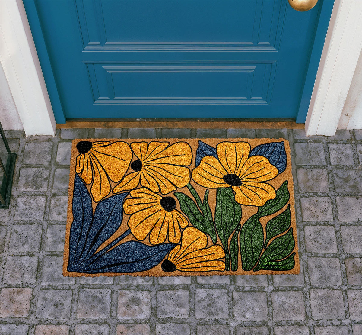 Natural Coir Doormat, Colorful Floral Design, Botanical Welcome Mat