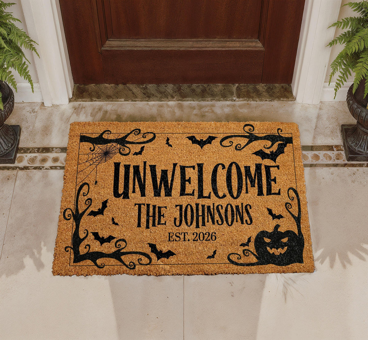 Custom Coir Doormat, Halloween Family Name Welcome Mat, Spooky Entryway Decoration