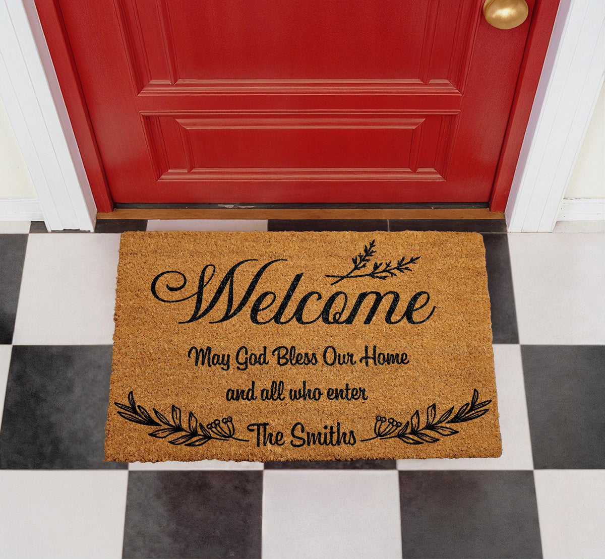 Personalized Coir Doormat, Christian Welcome Mat, Custom Family Name (18"x30")
