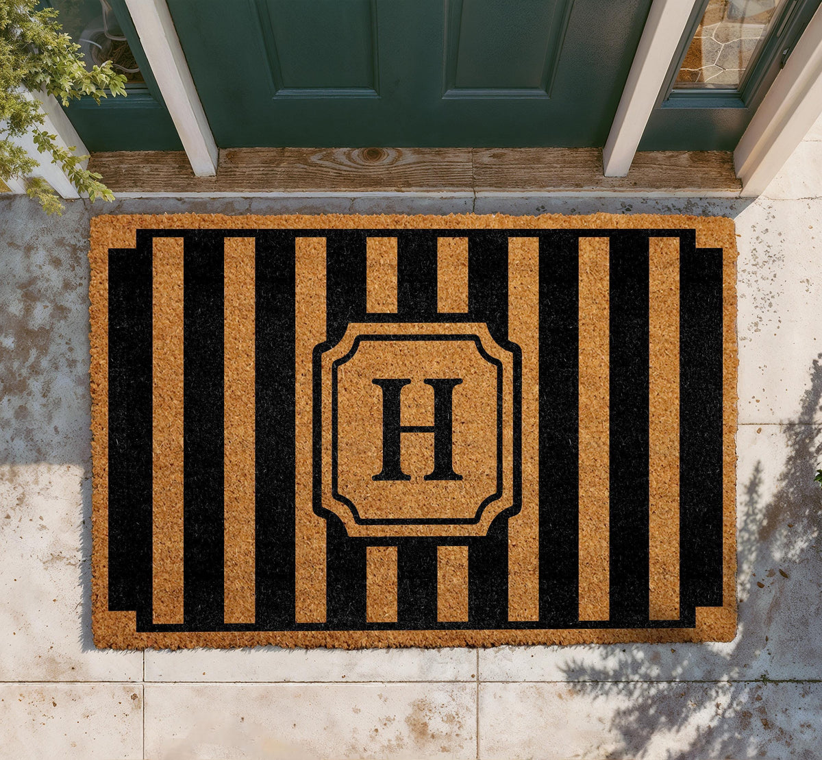 Personalized Monogram Doormat, Custom Family Name Welcome Mat, Modern Striped Coir Rug