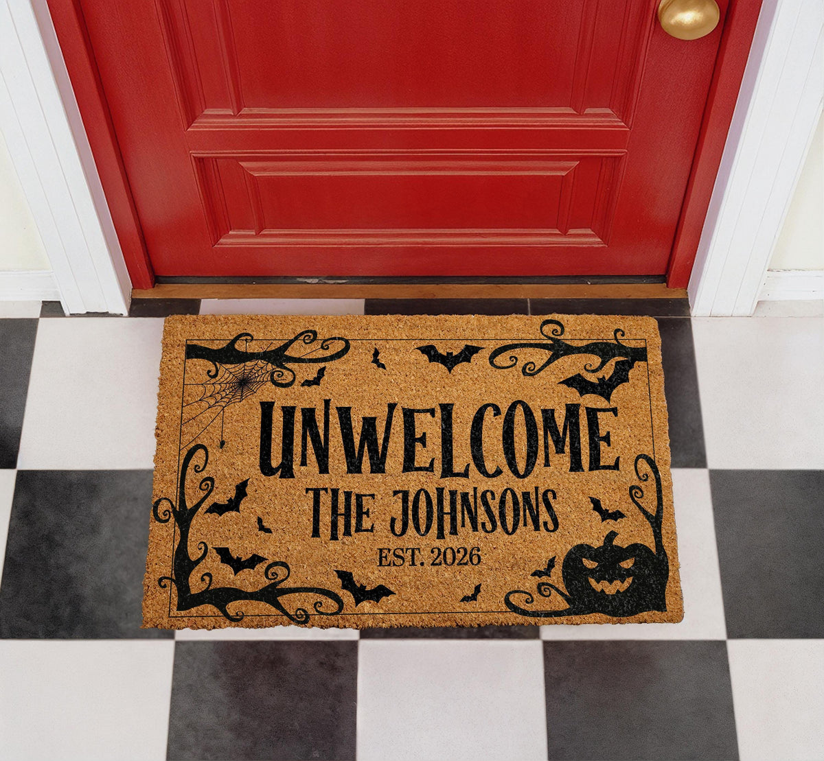 Custom Coir Doormat, Halloween Family Name Welcome Mat, Spooky Entryway Decoration