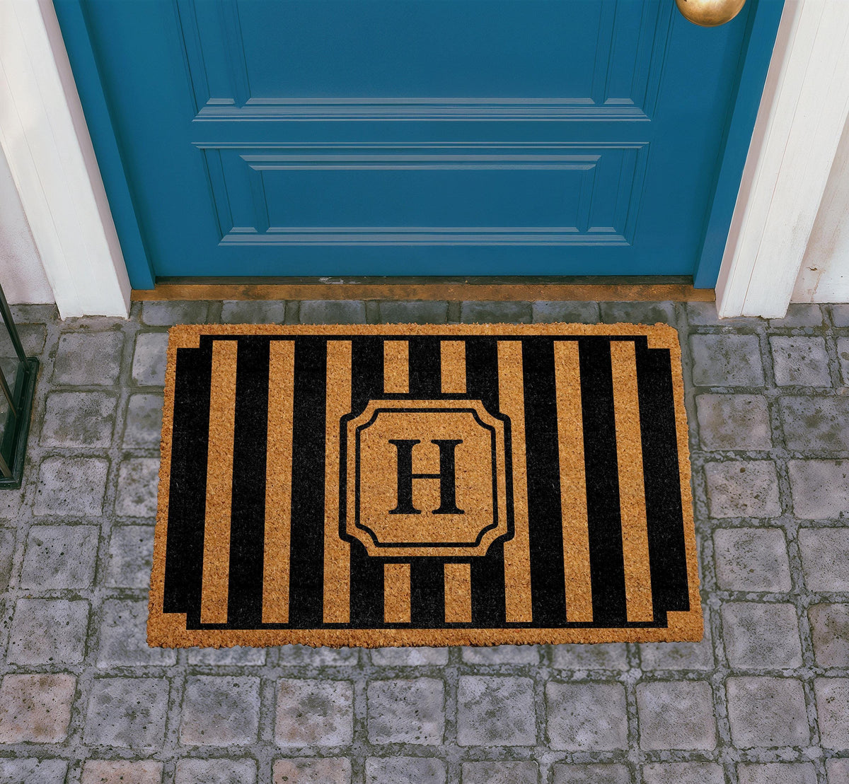Personalized Monogram Doormat, Custom Family Name Welcome Mat, Modern Striped Coir Rug