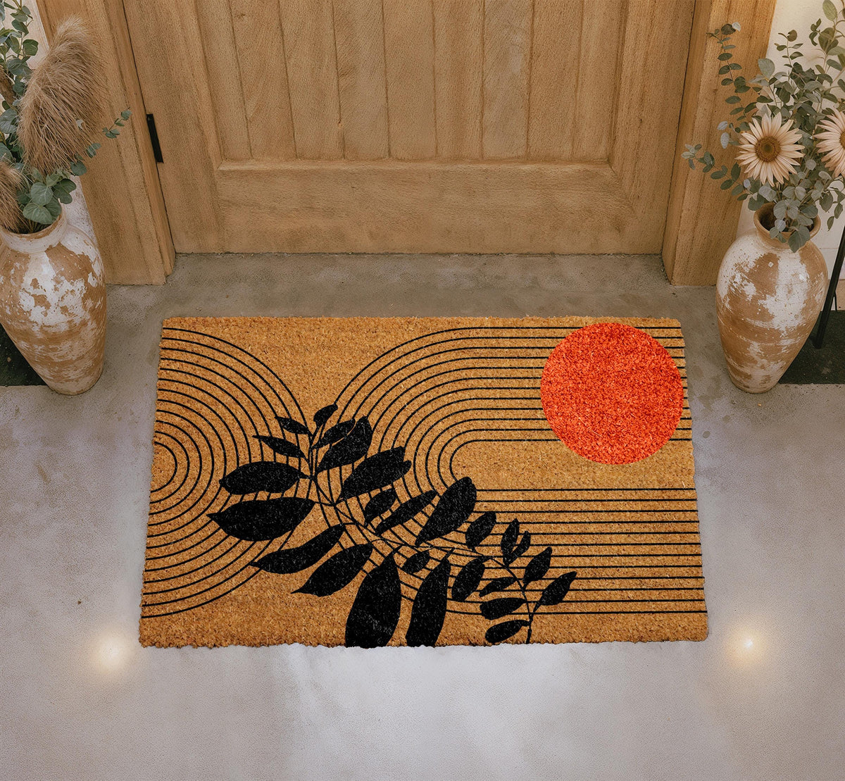 Mid Century Modern Doormat, Abstract Lines and Leaf Art Welcome Mat, Minimalist Botanical Door Mat, Stylish Entry Rug, Sun Inspired Coir Mat