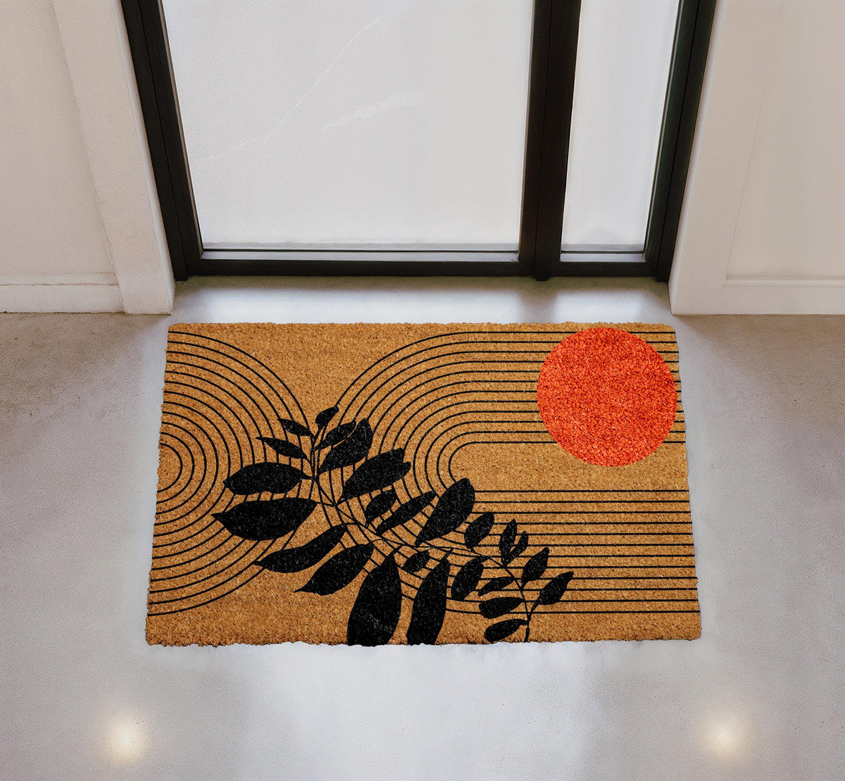 Mid Century Modern Doormat, Abstract Lines and Leaf Art Welcome Mat, Minimalist Botanical Door Mat, Stylish Entry Rug, Sun Inspired Coir Mat