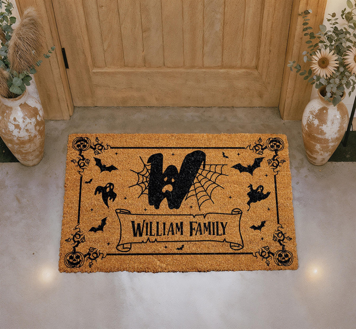 Custom Halloween Coir Doormat, Personalized Family Name Welcome Mat, Bats and Spider Webs Decor
