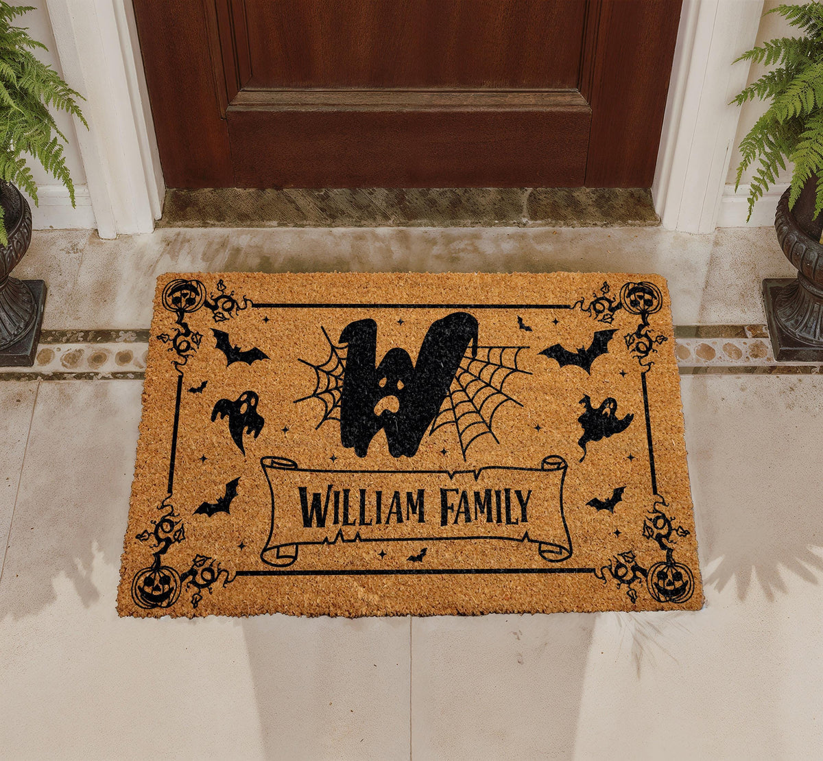 Custom Halloween Coir Doormat, Personalized Family Name Welcome Mat, Bats and Spider Webs Decor